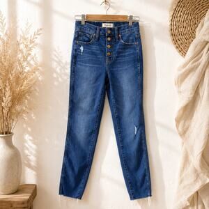 Madewell 10" High Rise Skinny Jeans 25 Button Fly Distressed Raw Hem Blue Denim